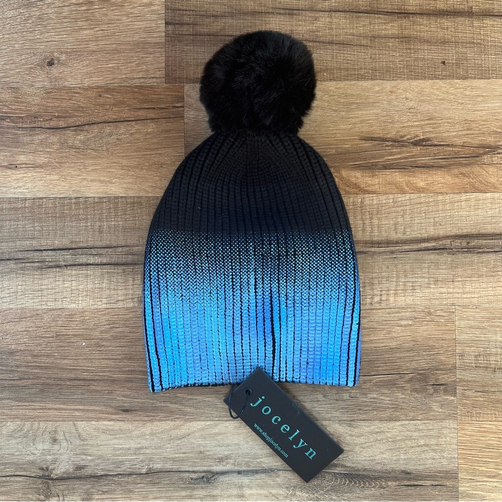 Jocelyn NWT Black and Blue Metallic Faux Fur Beanie Winter Hat